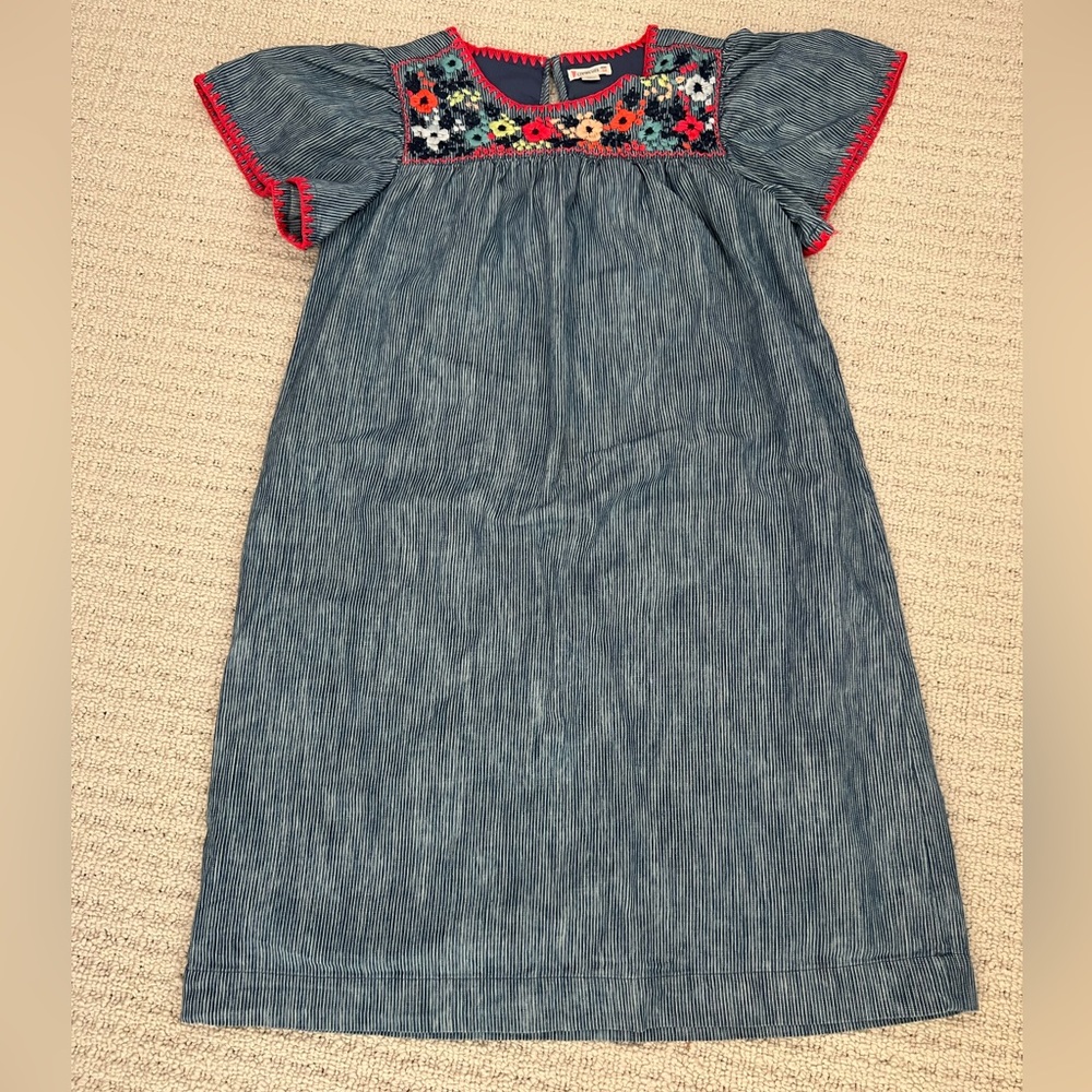 EUC - Crewcuts Chambray Pinstripe Embroidered Dress - size 14